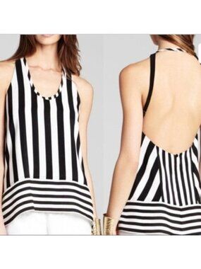 BCBG Black & White Dana Striped Silk Halter Top - Large